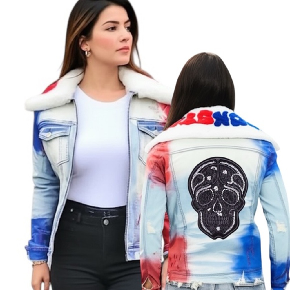 Rebel Spirit Wanderer Oversized Dye Denim Jacket Skull & Faux Fur Your Story!